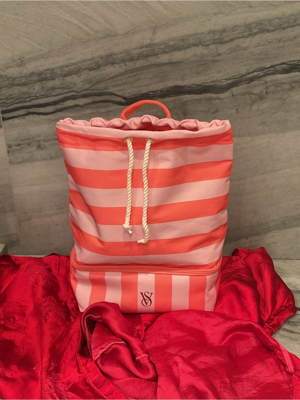 Victoria's Secret Pink & Coral Stripe Drawstring Backpack